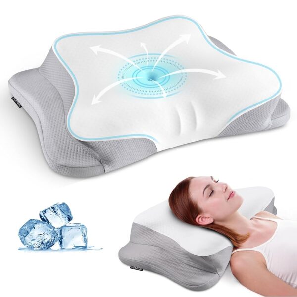 Mokaloo Cervical Neck Pillow - Neck Pillows for Pain Relief, Cooling Ergonomic Pillow for Sleeping, Orthopedic Contour Memory Foam Pillows for Side, Back & Stomach Sleepers (Grey)