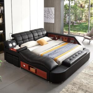 Multifunctional King Size Bed Frame, Modern Luxury Smart Bed with Massage Recliner/Music Speaker/USB Port/Storage Drawers, Adjustable Leather Upholstered Headboard, Black