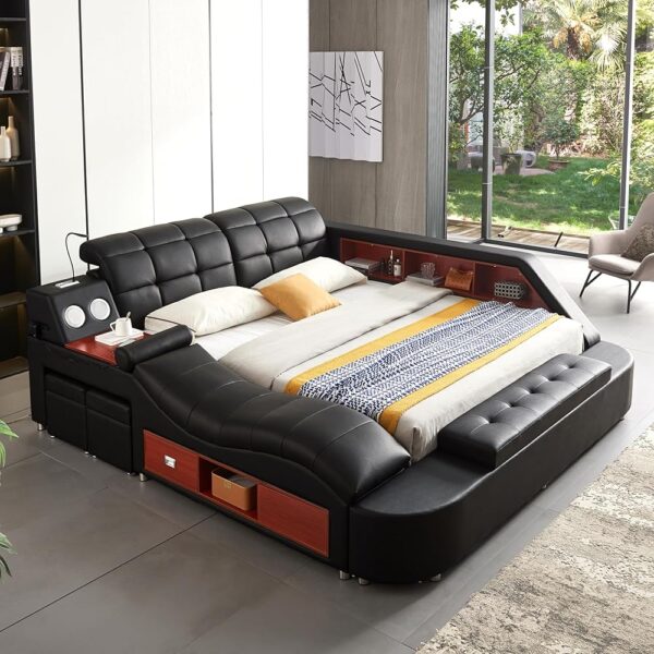 Multifunctional King Size Bed Frame, Modern Luxury Smart Bed with Massage Recliner/Music Speaker/USB Port/Storage Drawers, Adjustable Leather Upholstered Headboard, Black
