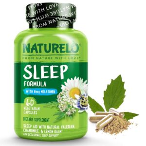 NATURELO Sleep Aid - with Melatonin, Magnesium, GABA, Valerian Root, Lemon Balm, Chamomile Herbal Extracts - Plant-Based Sleeping Aid - 60 Vegan Capsules