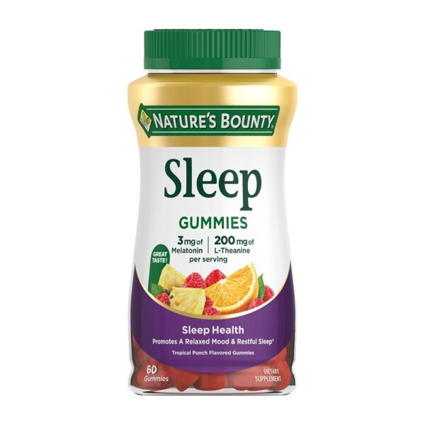 Nature's Bounty Sleep Gummies, 3mg Melatonin and 200mg L-theanine, 100% Drug-Free Sleep Aid, Promotes A Sound Sleep Cycle, 60 Count