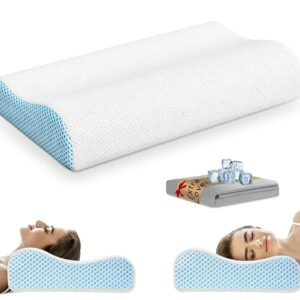 Neck Pillow Memory Foam, Neck/Shoulder Pain Relief, with Replacement Pillowcase【Cooling Ice Silk&Cotton】 Cervical Sleeping Pillow Neck Contour Support Bed Pillow for Side Back...