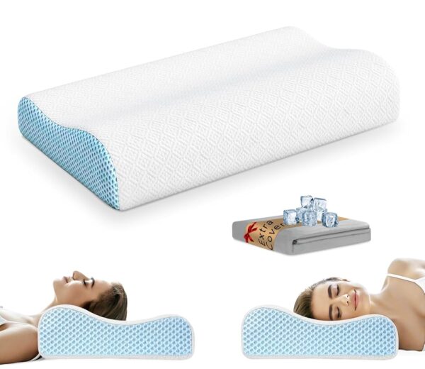 Neck Pillow Memory Foam, Neck/Shoulder Pain Relief, with Replacement Pillowcase【Cooling Ice Silk&Cotton】 Cervical Sleeping Pillow Neck Contour Support Bed Pillow for Side Back...