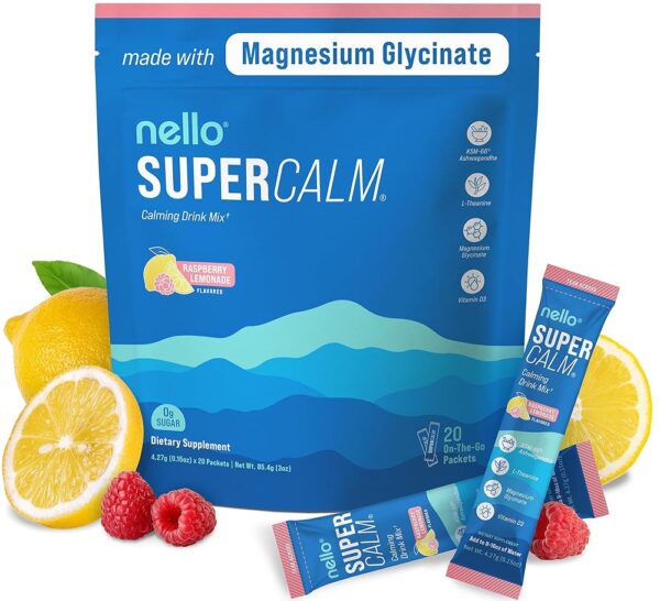 Nello Supercalm Powdered Drink Mix, Raspberry Lemonade, L Theanine, Ksm-66 Ashwagandha, Magnesium Glycinate, Vitamin D 3, Supplements for Relaxation & Focus, No Sugar, Non GMO,...