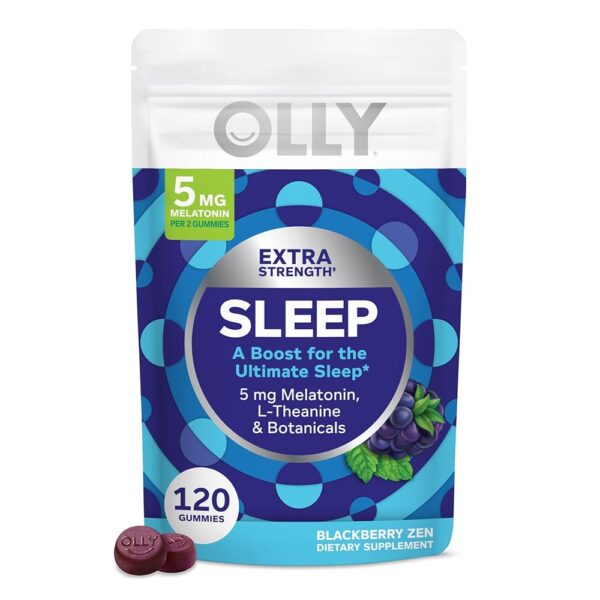 OLLY Extra Strength Sleep Gummy, Occasional Sleep Support, 5 mg Melatonin, L-Theanine, Chamomile, Lemon Balm Extracts, Sleep Aid, BlackBerry Flavor - 120 Count (Packaging May Vary)