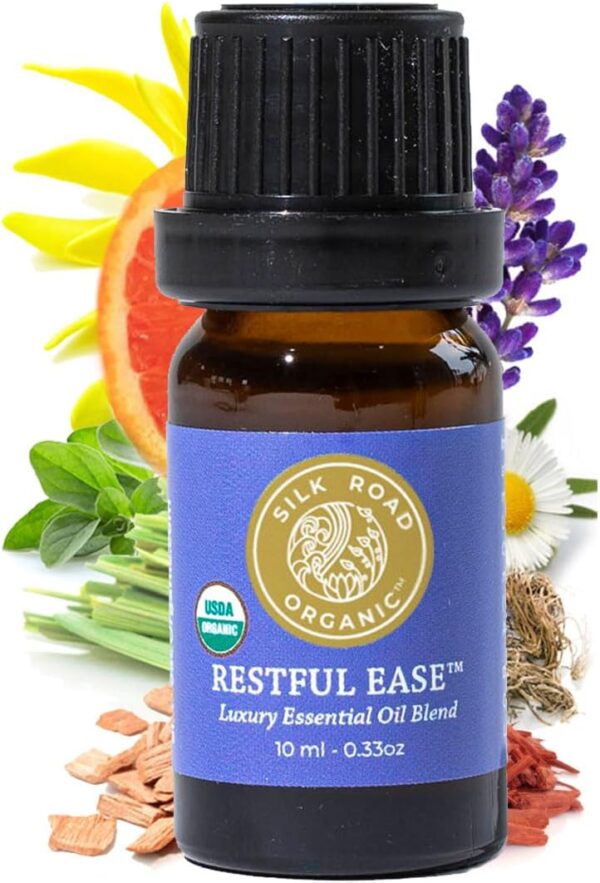 Organic Restful Ease Essential Oil Sleep & Stress Blend - 100% Pure USDA Certified with Indian Sandalwood - Stress Ease Aromatherapy & Calming Relaxation - 10 ml Dropper by Silk...