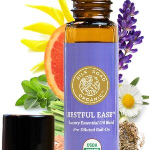 Organic Restful Ease Essential Oil Sleep & Stress Blend Roll On - 100% Pure USDA Certified with Indian Sandalwood - Stress Ease Aromatherapy & Calming Relaxation - 10 ml Roller...