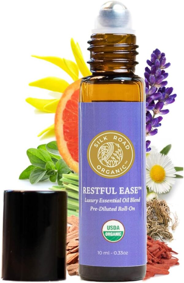 Organic Restful Ease Essential Oil Sleep & Stress Blend Roll On - 100% Pure USDA Certified with Indian Sandalwood - Stress Ease Aromatherapy & Calming Relaxation - 10 ml Roller...