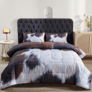 PERFEMET Cow Print King Comforter 3 Pieces Farmhouse Fluffy Bedding Comforter Set Western Style Brown White Bed Set for All Season