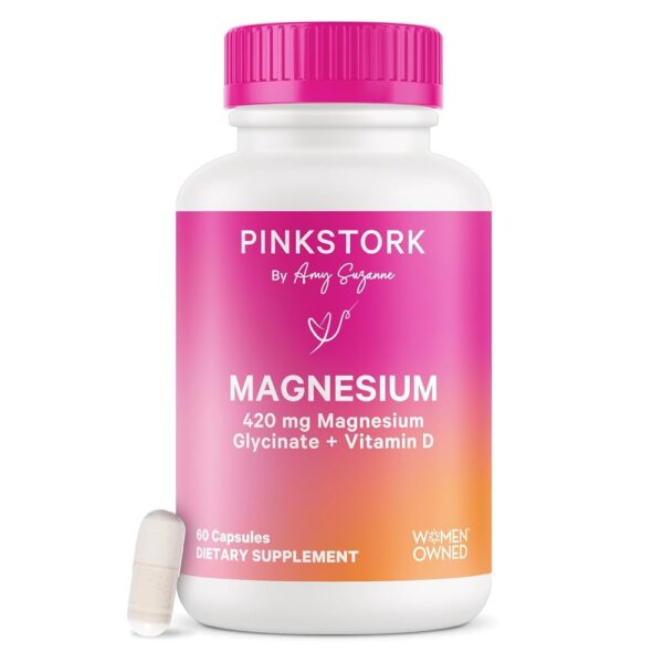 Pink Stork Magnesium Glycinate with Vitamin D - Magnesium Supplement for Women to Support Natural Calm, Mood, and Sleep - Hormone Balance for Women - 60 Capsules, 1 Month Supply