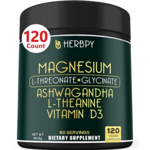 Relaxation & Restful Night with Magnesium L-Threonate & Glycinate Supplement, Plus Vitamin D3, Ashwagandha Root & L-Theanine - Brain, Bone & Heart Health Support - 120 Vegan...
