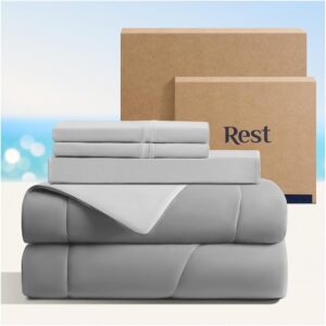 Rest® Evercool®+ Cooling Comforter Set, King Size Light Gray, 4pcs with Cooling Blanket, Wrinkle-Free Deep Pocket Fitted Sheet, 2 Silver-Infused Pillowcases for Skin and Hair...