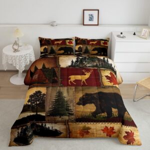 Rustic Farmhouse Bedding Comforter Sets Queen Size, Retro Cabin Lodge Down Comforter, Hunting Bear Deer Comforter Set, Country Maple Leaves Duvet Insert, Rustic Woodland Pine...