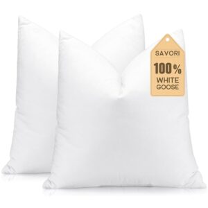 SAVORI Set of 2 Down and Feather Throw Pillow Inserts 18x18 Soft Fluffy Pillow Inserts with 100% Down-Proof Cotton Cover, Decorative Square Cushion Inner for Sofa Couch Bed-White