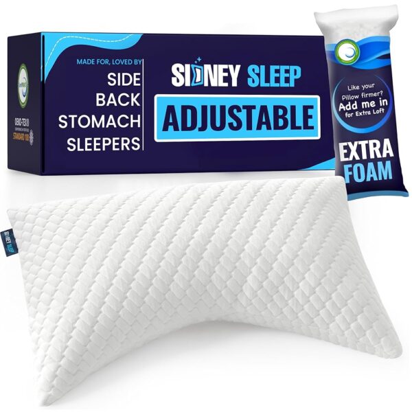 Sidney Sleep Pillow for Side and Back Sleepers - Comfort for Neck and Shoulder Pain - Adjustable and Customizable Shredded Memory Foam Filling - Queen Size - Additional Foam...