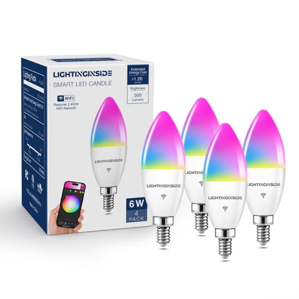 Smart Candelabra LED Bulbs 60 Watt Equivalent, 500LM 6W, E12 LED Bulb Compatible with Alexa/Google Assistant/Smart Life, RGBCW Candle, No Hub Required, 2.4G WiFi Only, ETL...