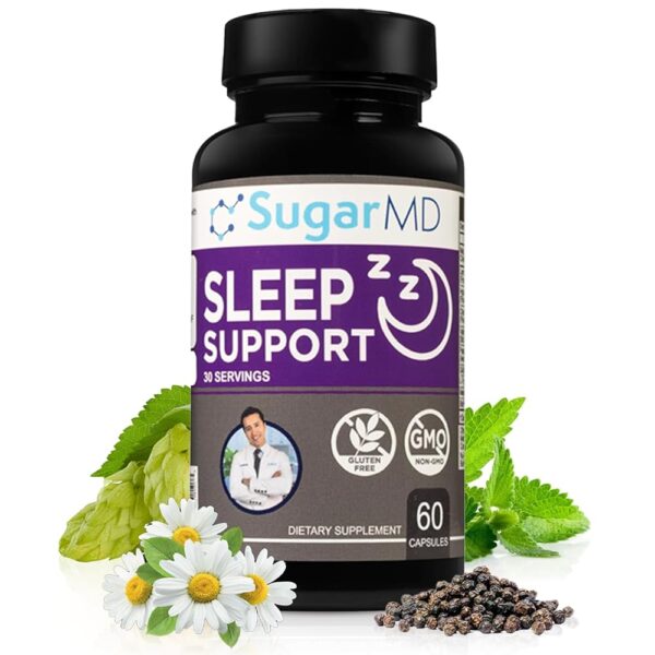 SugarMD Sleep Support Supplement – 60 Sleep Capsules with Lemon Balm, Valerian Root, Hops Extract, Chamomile Extract & BioPerine – Non-GMO & Gluten Free – Sleep Supplememts for...