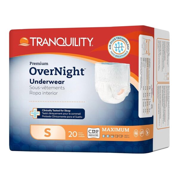 Tranquility Premium OverNight Disposable Absorbent Underwear - Maximum Absorbency, All-Night Sleep, Breathable Comfort - 34 oz Capacity, S, 80 Count