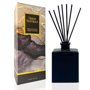 Urban Naturals Smoked Vanilla Reed Diffuser Set with Vanilla Bean, Sandalwood & Leather – 5 ounce Sleek Black Rectangular Refillable Glass Bottle – Made in The USA