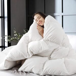 WhatsBedding White Queen Size Feather DownFiber Comforter, Filled with Feather and DownFiber, All Season Duvet Insert, Luxury Hotel Bedding Style Comforter,Ultra Soft 100% Cotton
