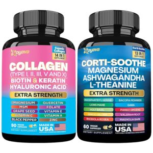 Zoyava Shining Serenity Set - Cortisol Support with Ashwagandha, L-Theanine, Magnesium, Lions Mane, Holy Basil & Collagen Type I, II, III, V, X with Biotin, Hyaluronic Acid,...