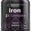 Iron Supplement 2-in-1 Complete Complex - Natural Flow 2X Heme and Chelated Non Heme Iron Bisglycinate, Folate, B and Vitamin C, for Anemia and Blood Building Support, Gentle on...