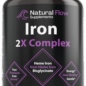Iron Supplement 2-in-1 Complete Complex - Natural Flow 2X Heme and Chelated Non Heme Iron Bisglycinate, Folate, B and Vitamin C, for Anemia and Blood Building Support, Gentle on...