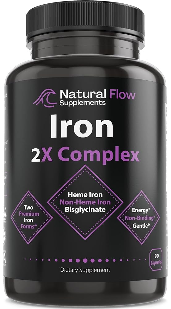 Iron Supplement 2-in-1 Complete Complex - Natural Flow 2X Heme and Chelated Non Heme Iron Bisglycinate, Folate, B and Vitamin C, for Anemia and Blood Building Support, Gentle on...