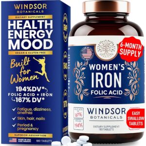 Iron Supplement for Women with Folic Acid - 35mg Gentle Iron, 667mcg Folate Vitamin B9 - Anemia, Period, Pregnancy Support Prenatal Iron Supplements Ferrous Sulfate Pills - 180...