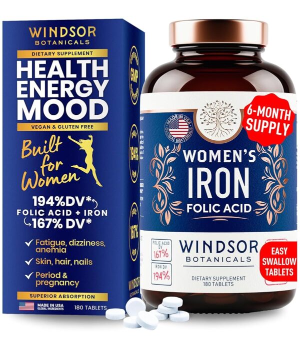 Iron Supplement for Women with Folic Acid - 35mg Gentle Iron, 667mcg Folate Vitamin B9 - Anemia, Period, Pregnancy Support Prenatal Iron Supplements Ferrous Sulfate Pills - 180...