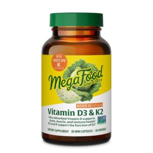 MegaFood Vitamin D3 5000 IU (125 mcg) - Vegetarian Vitamin D Supplements with Vitamin D3 K2, Supports Bones, Teeth, Muscles & Immune Health, Certified Non-GMO - 60 Mini...