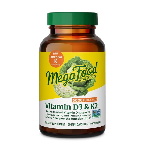 MegaFood Vitamin D3 5000 IU (125 mcg) - Vegetarian Vitamin D Supplements with Vitamin D3 K2, Supports Bones, Teeth, Muscles & Immune Health, Certified Non-GMO - 60 Mini...