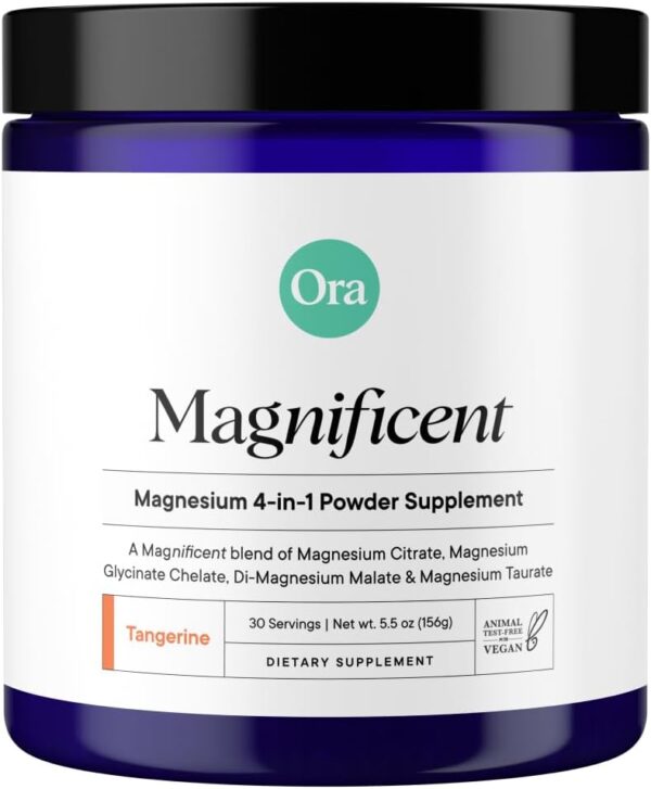 Ora Organic Magnesium Complex Powder Supplement - 4-in-1 Magnesium: Glycinate, Taurate, Malate & Citrate | Vegan, Gluten-Free | Tangerine Flavor | Calm Support for Sleep, Stress...